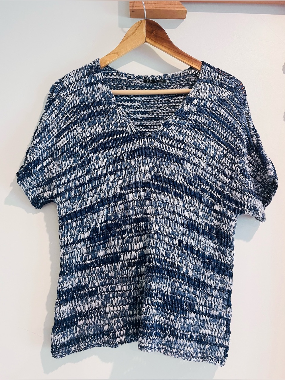 Eileen Fisher Short Sleeve Sweater Top SMALL Cotton Blend Open Weave VNeck Blue